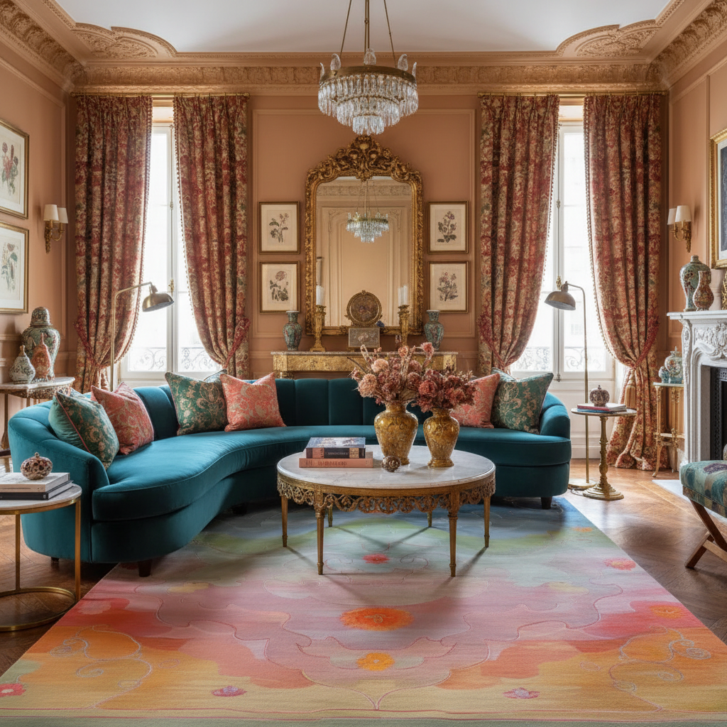 Luxurious living room with teal sofa, floral rug, and ornate decor.