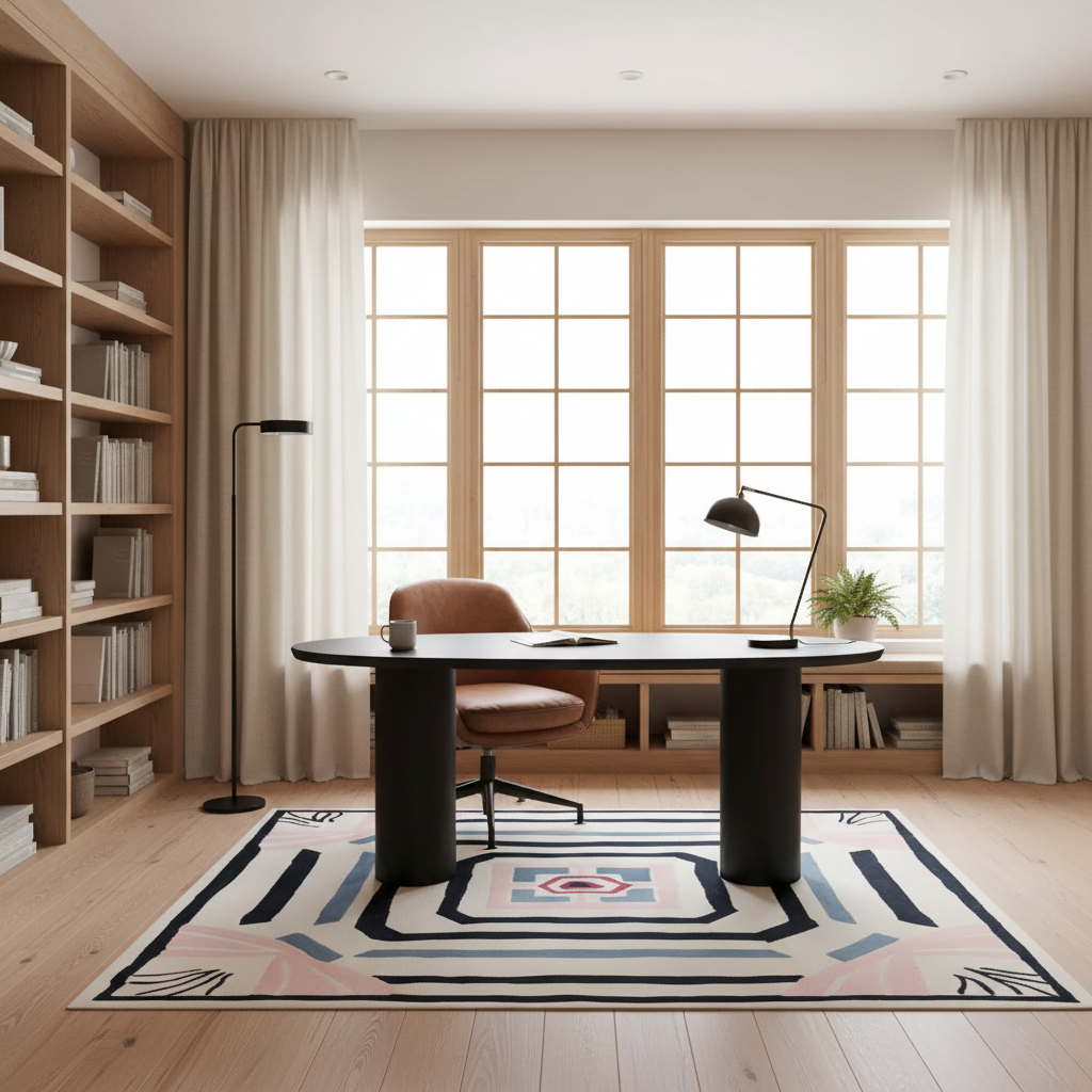 A modern home office interior with a round black desk, brown leather chair, black floor lamp, shelving, large wood-framed windows, and a geometric area rug on a light wood floor.