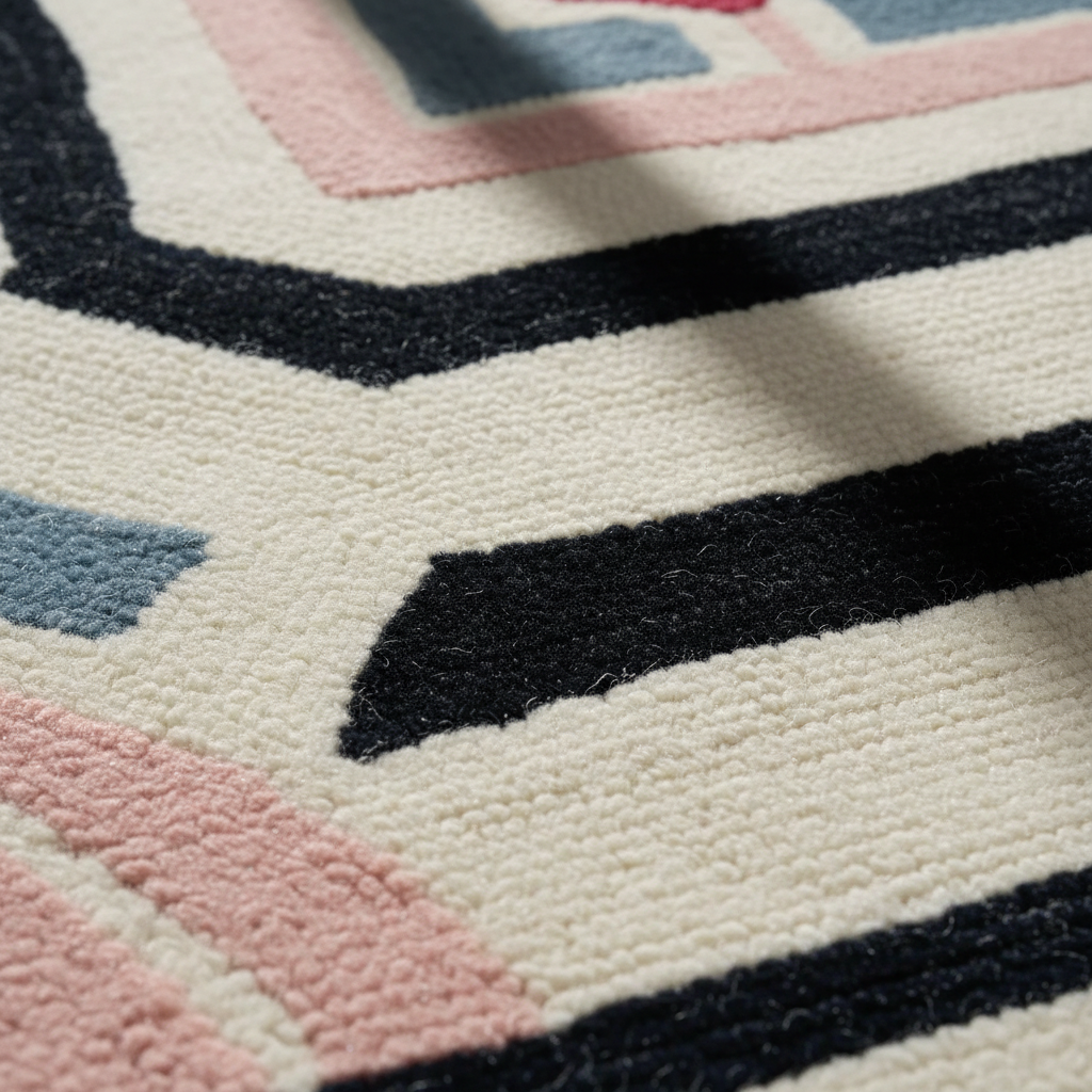 Close-up of a textured area rug with a geometric pattern in cream, black, dusty pink, and light blue.