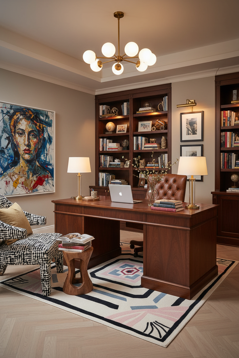 A styled home office featuring a large dark wood writing desk as the central furniture piece, styled with a leather tufted chair, two table lamps, a laptop, and books. The room is decorated with dark wood bookshelves, a colorful abstract portrait painting on the wall, a patterned rug, and a modern multi-globe chandelier.