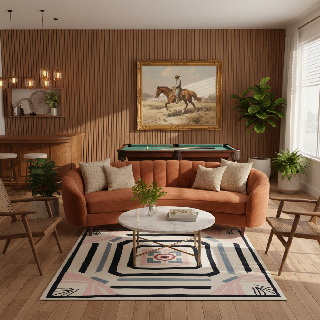 A styled living room interior featuring a terracotta orange curved sofa as the main furniture piece, set on a geometric patterned rug with a marble-top coffee table. The room has wood-paneled walls, a framed western horse painting, a green pool table, and multiple potted plants.