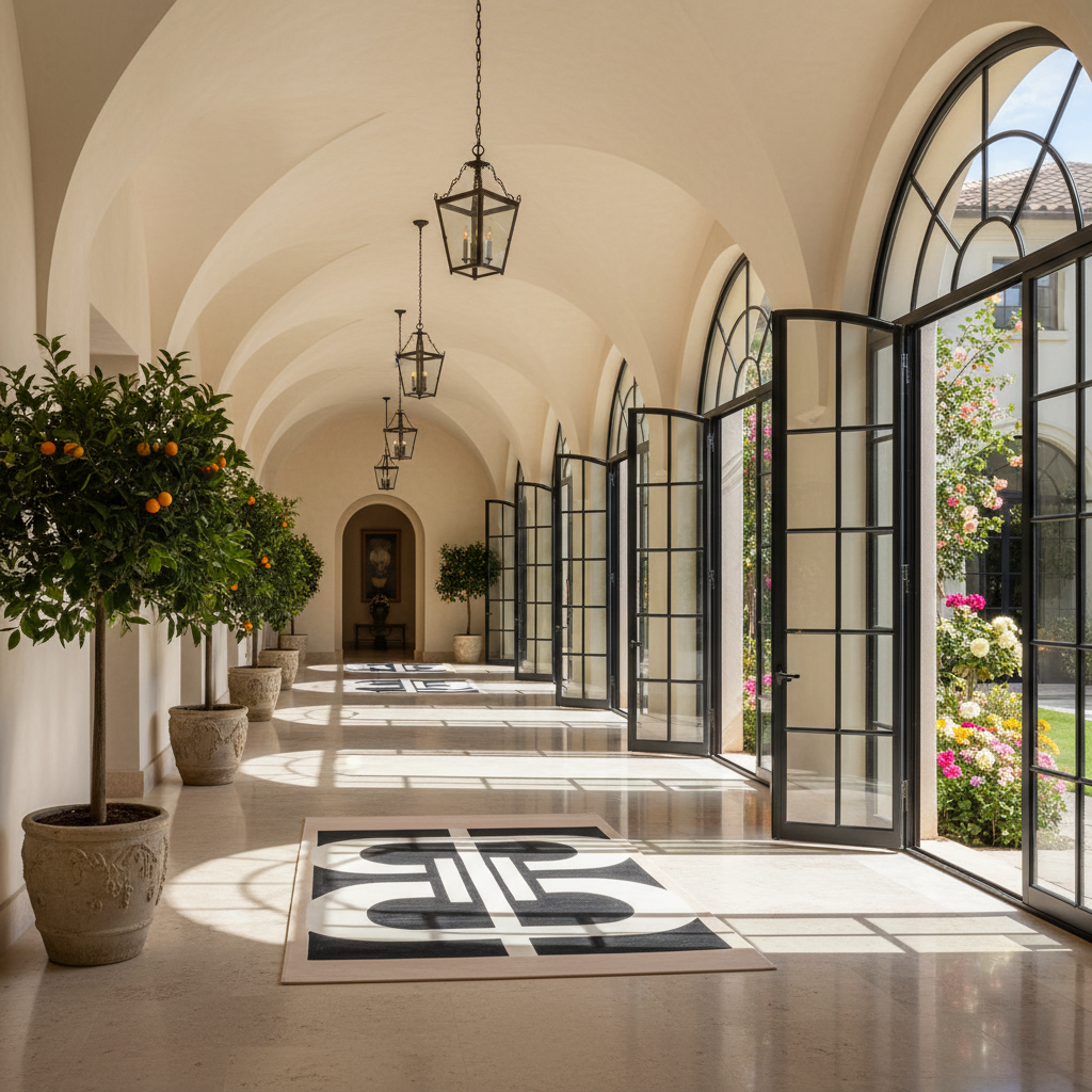 A long, elegant corridor with arched ceilings, black-framed glass doors opening to a garden, hanging lantern lights, potted orange trees, and a black-and-white geometric rug on the floor.