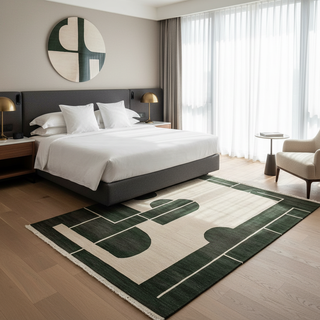 Modern bedroom with a bed, rug, and decor elements.