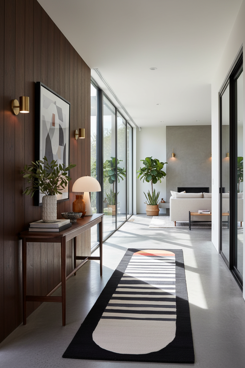 A modern hallway with dark wood-paneled walls, a long black runner rug with white and beige geometric stripes, a console table with a lamp and plants, and large floor-to-ceiling windows looking out onto a bright living area.