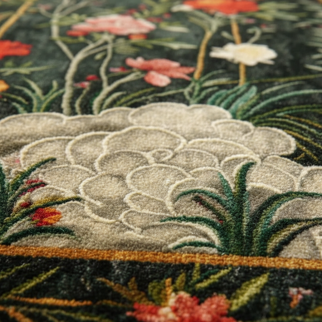 Close-up of a textured floral rug featuring a large central cloud-like motif in cream and gray, surrounded by green leaves and pink and white flowers on a dark background.