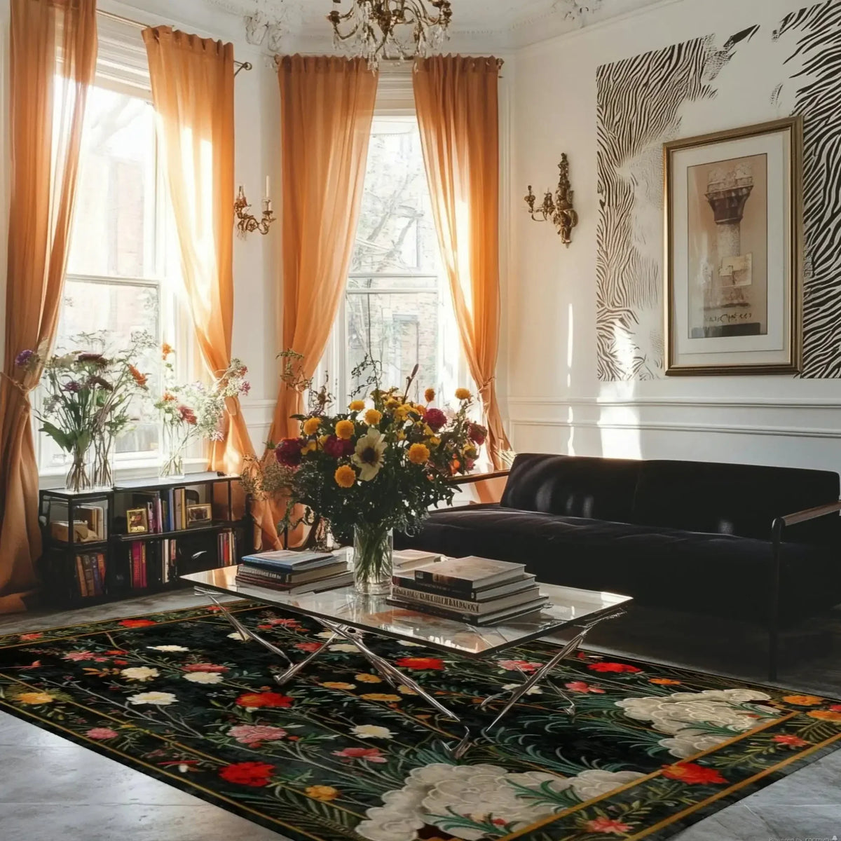 Living room with floral rug, black sofa, and decorative elements