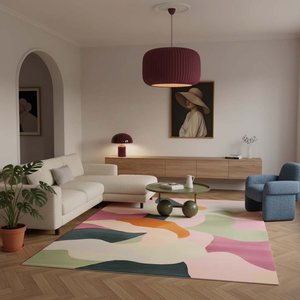 A styled living room interior with a cream sectional sofa, blue accent chair, round green coffee table, abstract multicolor area rug, wood console, and a large burgundy pendant light over a herringbone wood floor.
