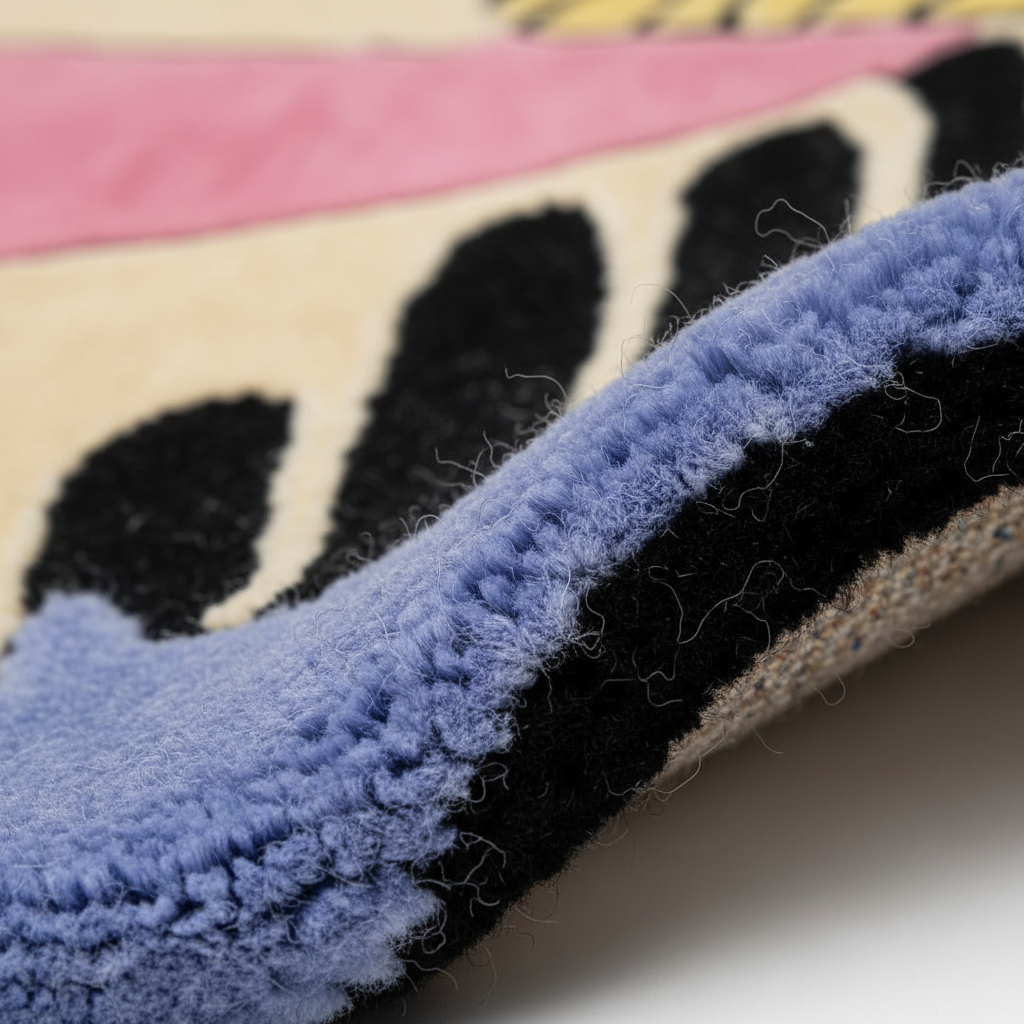 Close-up detail of a textured area rug showing a pattern of black abstract shapes on a cream background, bordered by a dusty blue tufted edge, with pink and yellow sections visible in the background.