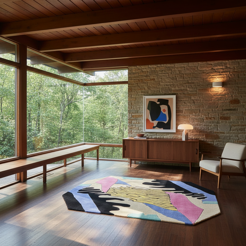 A modern living room interior with hardwood floors, a stone wall, large windows, a wooden bench, sideboard, chair, and a colorful abstract hexagonal rug on the floor.