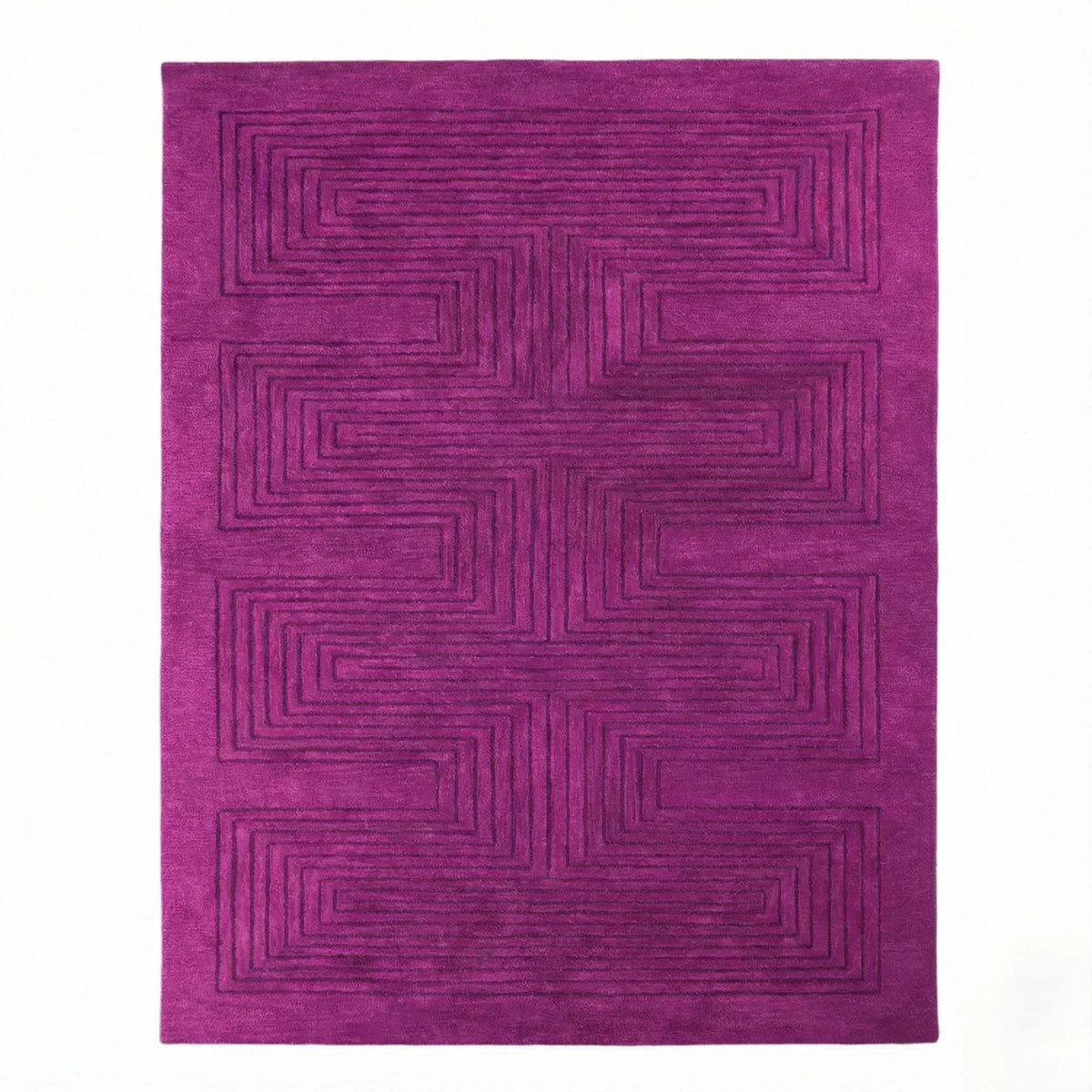 Magenta Artic Geo Modern Hand Tufted Wool Rug in solid magenta with a tone-on-tone stepped geometric pattern