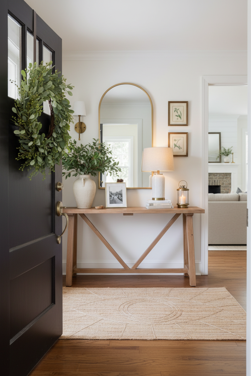 A styled entryway featuring a light wood console table with a geometric X base, decorated with a white ceramic vase, a table lamp, a lantern, and a small framed print. A large arched mirror hangs on the white wall above the table. A black front door with a green wreath is visible on the left, and a woven area rug lies on the hardwood floor in front of the table.