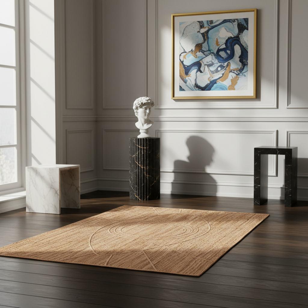 A rectangular natural-fiber area rug with a subtle circular line pattern, styled in a modern, sunlit room with dark wood floors, a white bust sculpture, and wall art.