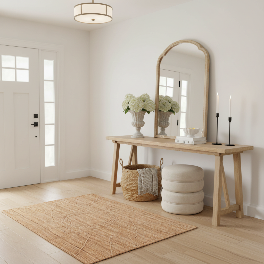 A styled entryway scene with a light wood console table, a large arched mirror, a woven rug, a basket, stacked poufs, and decorative flowers and candles in a bright neutral room.