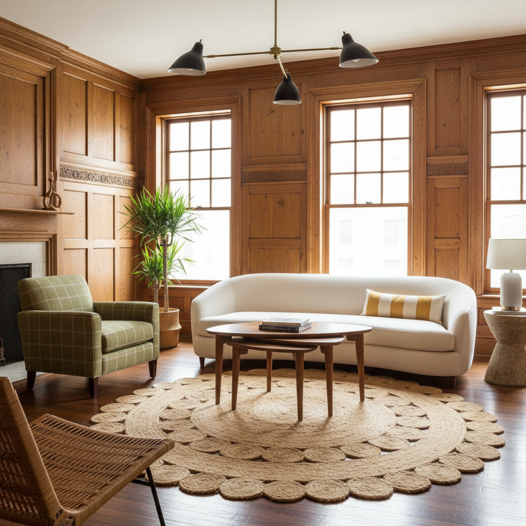 A styled living room with warm wood-paneled walls, a cream curved sofa, a green plaid armchair, a round natural jute rug, a wooden coffee table, and large multi-pane windows.