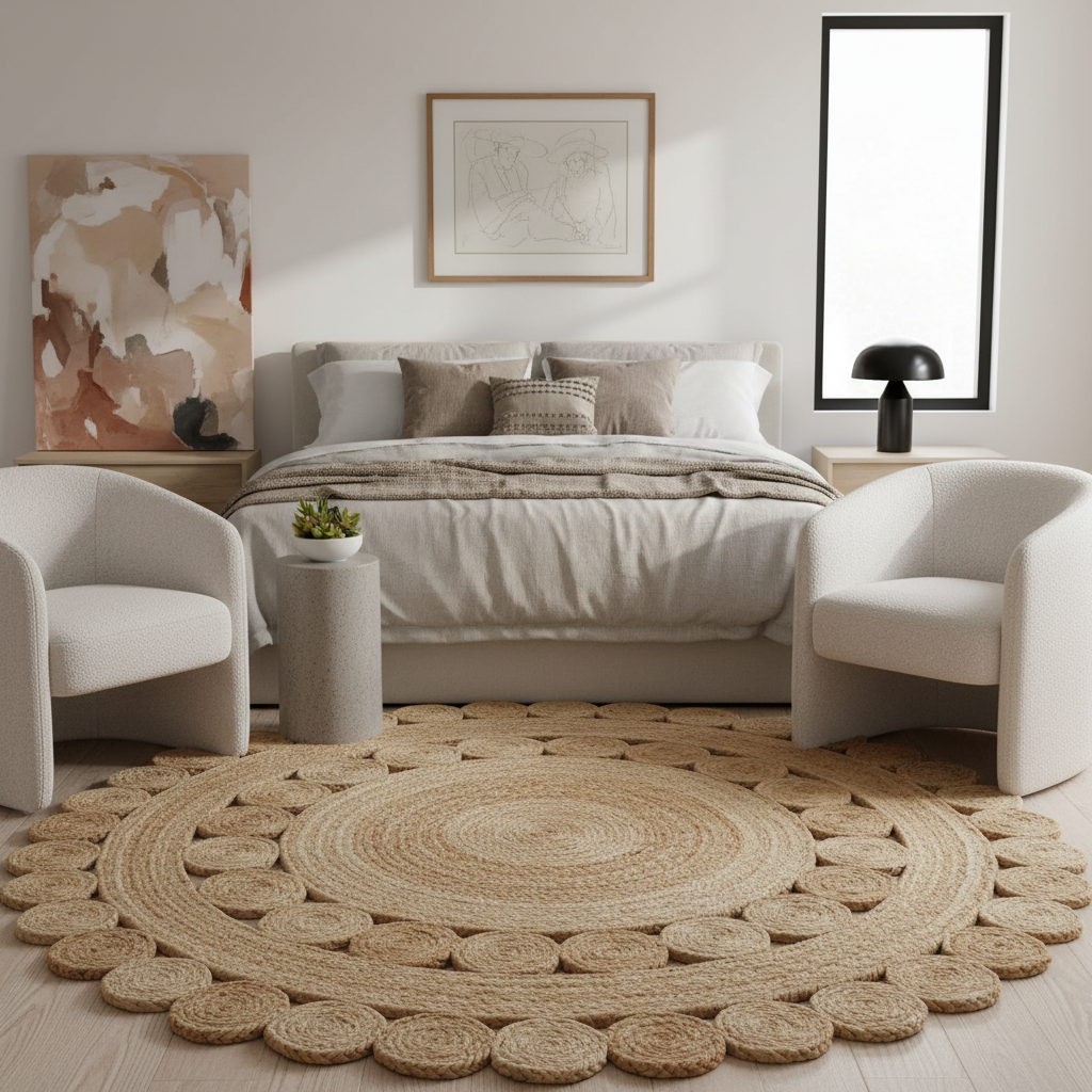 A styled bedroom scene featuring a large round natural jute rug on a light wood floor, with a bed, two cream armchairs, side tables, and framed wall art in a bright neutral interior.
