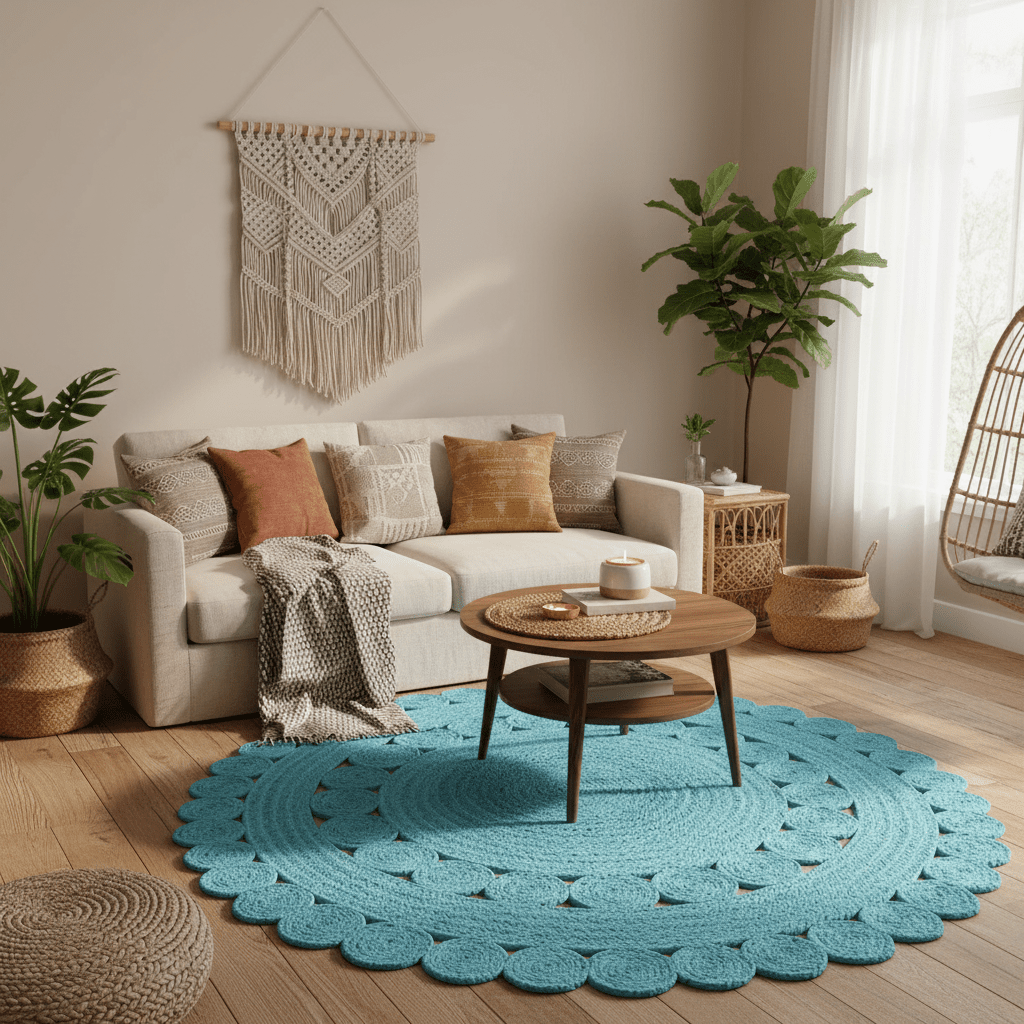 Maia Classic Circles Round Jute Rug - Blue