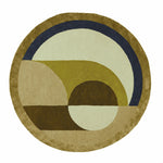Maia Golden Brown round wool rug with a geometric sunburst pattern in olive and cream