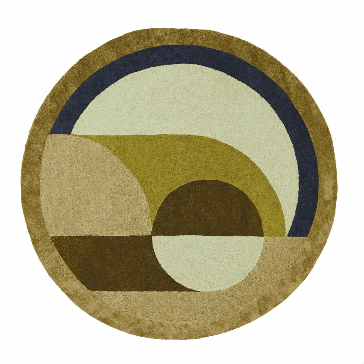 Maia Golden Brown round wool rug with a geometric sunburst pattern in olive and cream