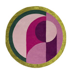 Golden Pink Round hand-tufted wool rug with an olive-gold border framing pink and magenta abstract shapes