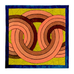 Maia Knotted Circles on Square wool rug with coral interlocking rings on olive, framed in navy blue