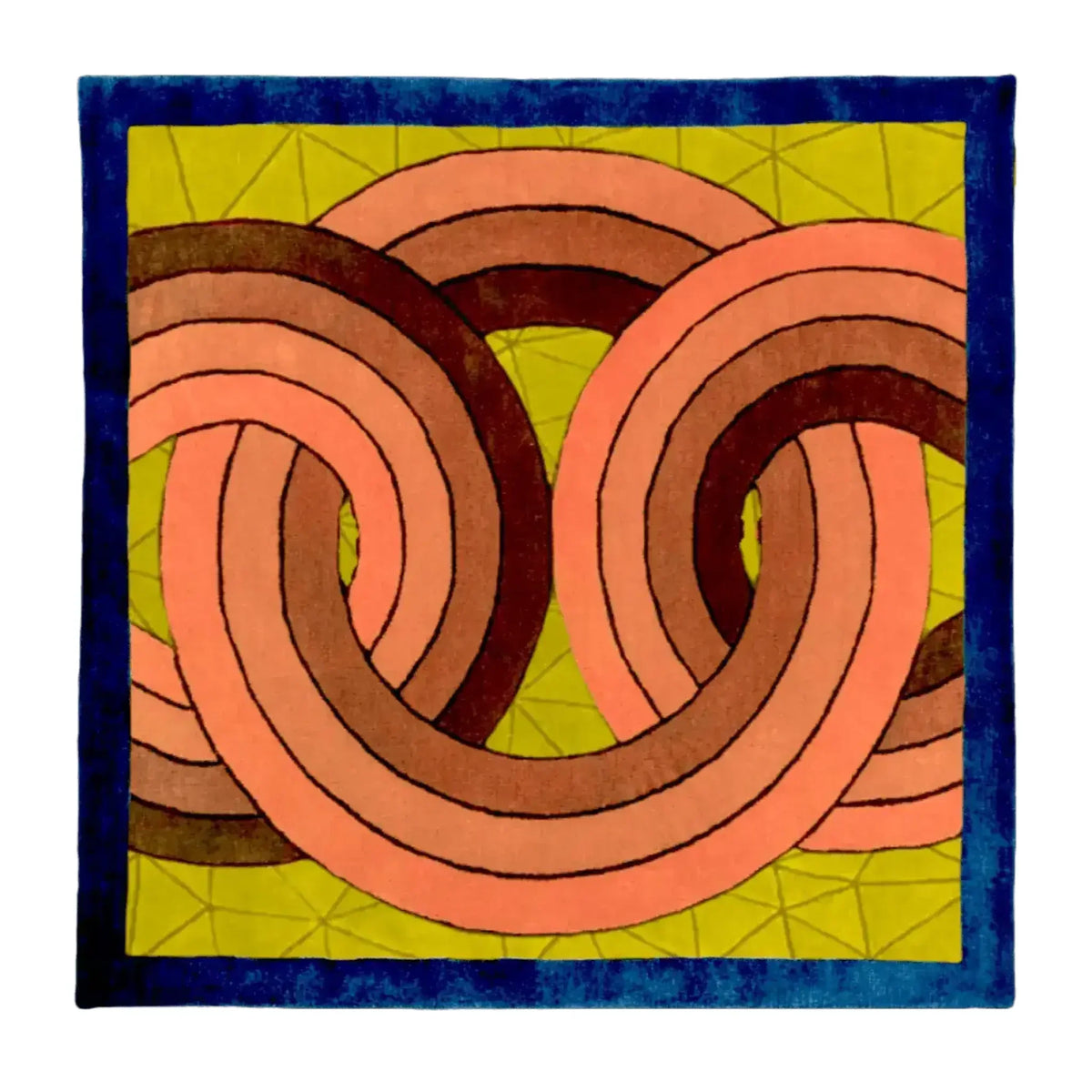 Maia Knotted Circles on Square wool rug with coral interlocking rings on olive, framed in navy blue