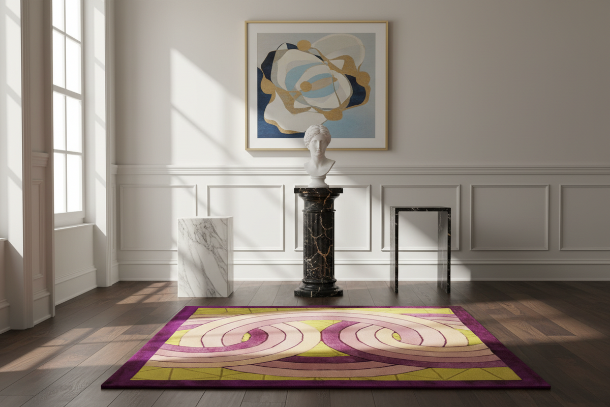 A rectangular area rug with a purple, yellow, and pink abstract spiral pattern is displayed on a dark wood floor in a styled room setting with a marble bust, pedestals, and wall paneling.