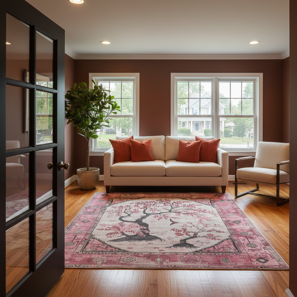 A styled living room interior featuring a large rectangular area rug with a pink and beige cherry blossom tree pattern, placed on a hardwood floor in front of a cream sofa with orange accent pillows.