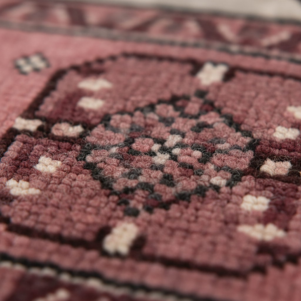 Close-up of a woven rug with a dusty rose and burgundy base, featuring a central medallion pattern in black and cream.