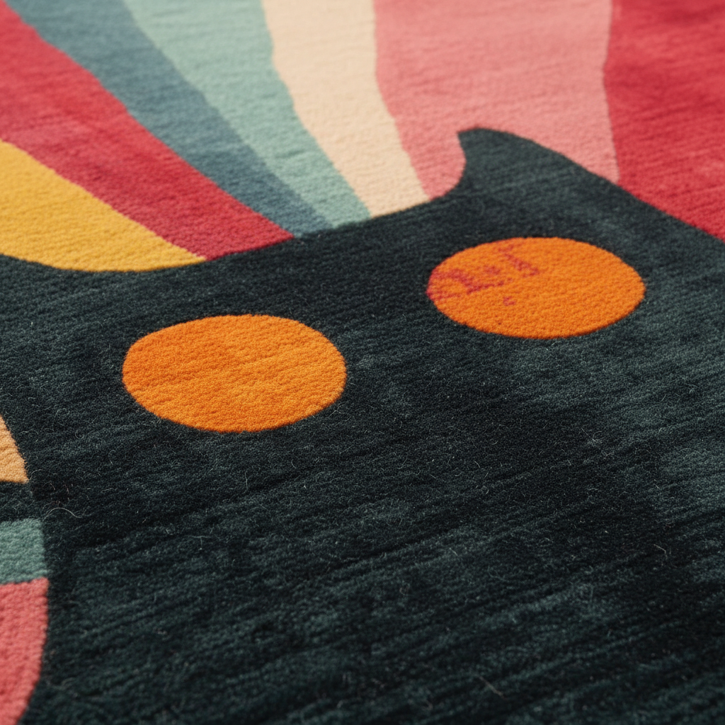 Close-up of a colorful rug featuring a black cat face with orange eyes against a striped background of red, pink, teal, yellow, and cream.