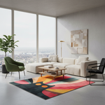 A modern living room interior with a large abstract area rug in red, yellow, orange, pink, and dark blue tones. The room includes a cream sectional sofa, a green armchair, a black accent chair, a wooden coffee table, a floor lamp, a potted plant, and a city view through tall windows.