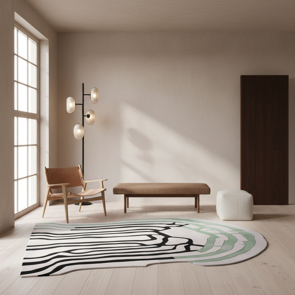 A modern living room scene with a large abstract area rug on the floor, featuring black, white, and soft green wavy lines. The room includes a wooden armchair, a floor lamp, a low bench, a white pouf, and a tall dark wood door, all set against warm beige walls and light wood flooring.