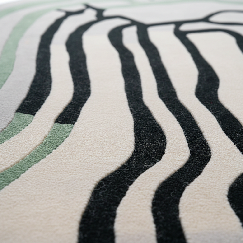 A close-up of a textured area rug featuring a modern abstract pattern of thick black wavy lines on an off-white background, with light sage green accents.