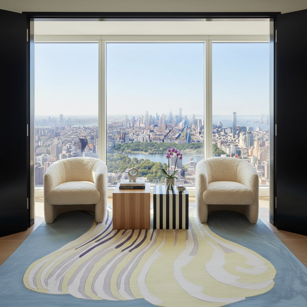 A luxury modern living room setup with two cream bouclé armchairs facing a low wooden and striped coffee table, all arranged on a large abstract blue, yellow, and white area rug. The room is situated in a high-rise apartment with floor-to-ceiling windows looking out onto a panoramic view of the New York City skyline and Central Park.