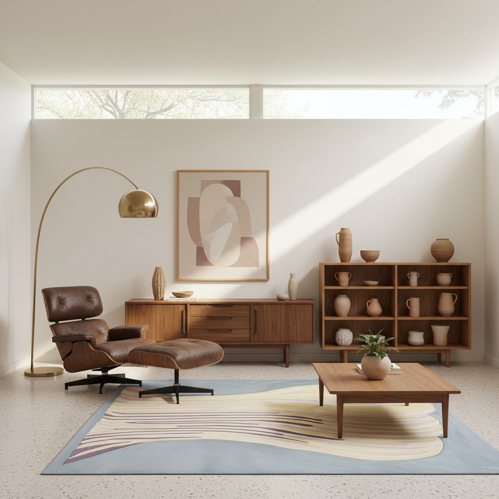 A modern living room styled in warm neutral tones, featuring a mid-century modern lounge chair with an ottoman, a wooden floor lamp, a wooden sideboard, a wooden shelving unit with ceramic vases, a coffee table, and a light blue and beige patterned area rug.