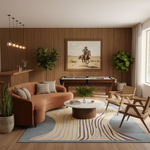 A modern living room interior with a curved rust-brown sofa, two wooden chairs, a round white coffee table, a large patterned area rug, wood slat walls, potted plants, and a framed western-style painting above a pool table.