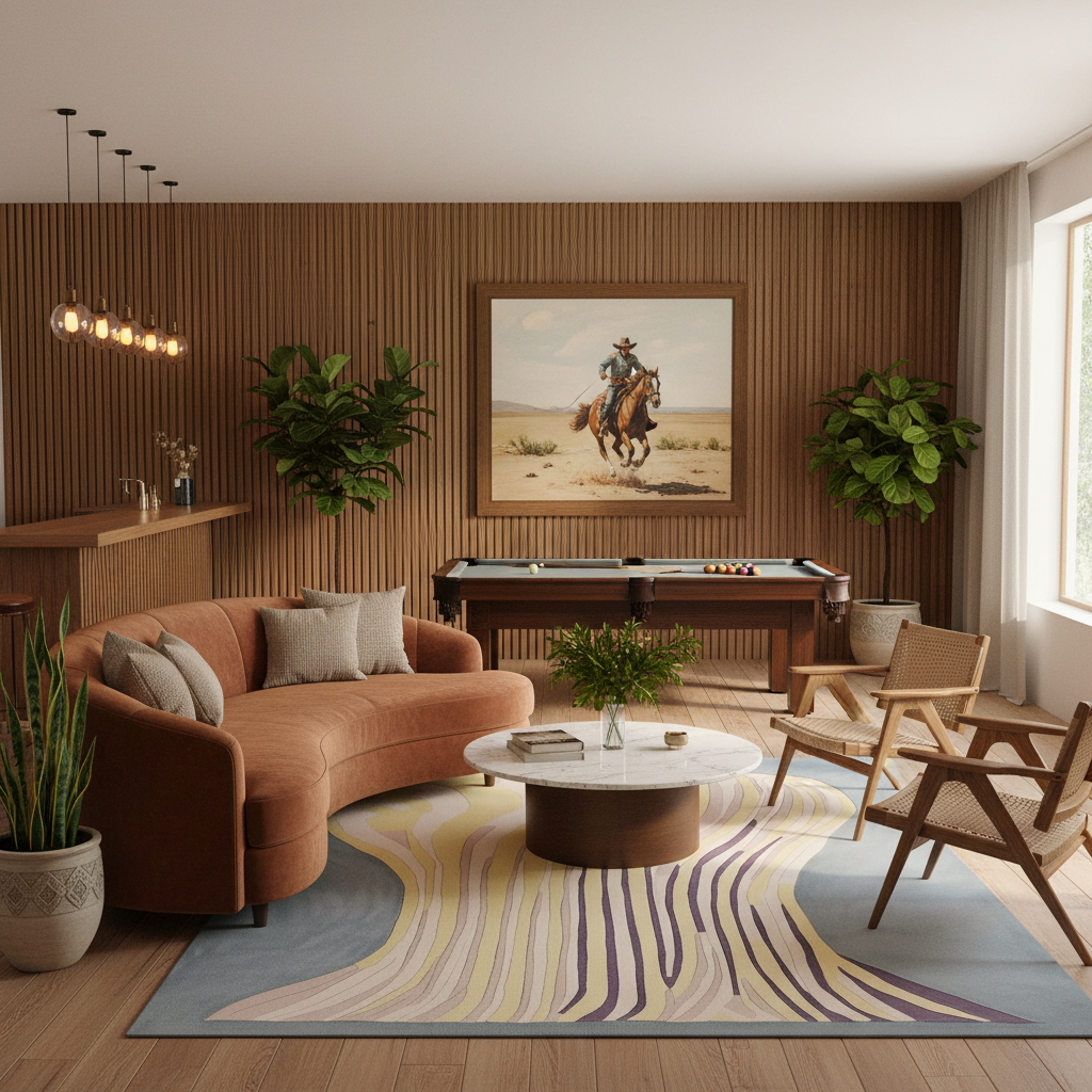 A modern living room interior with a curved rust-brown sofa, two wooden chairs, a round white coffee table, a large patterned area rug, wood slat walls, potted plants, and a framed western-style painting above a pool table.
