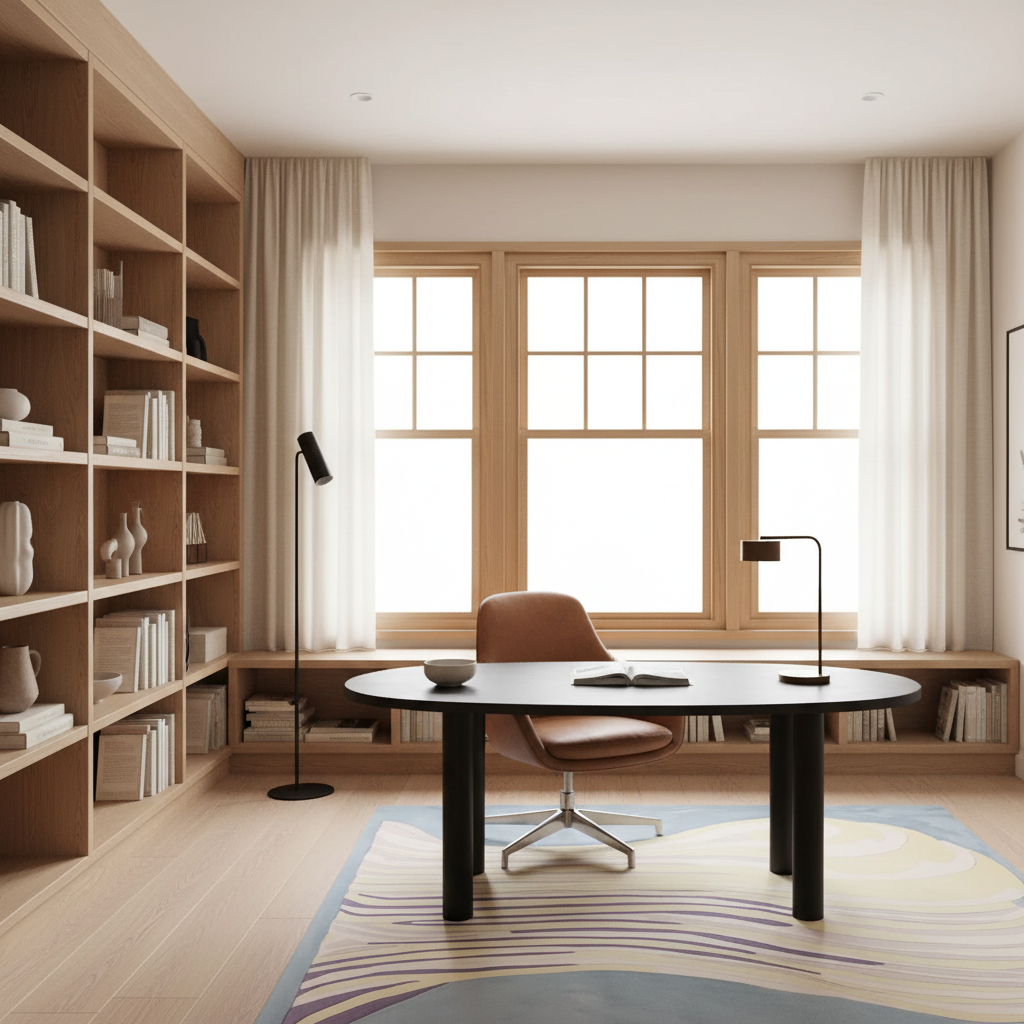 A modern home office interior featuring a round black desk with a brown leather swivel chair, set against a large window with sheer curtains. To the left is a tall wooden bookshelf filled with books and decor, and a striped area rug covers the floor.