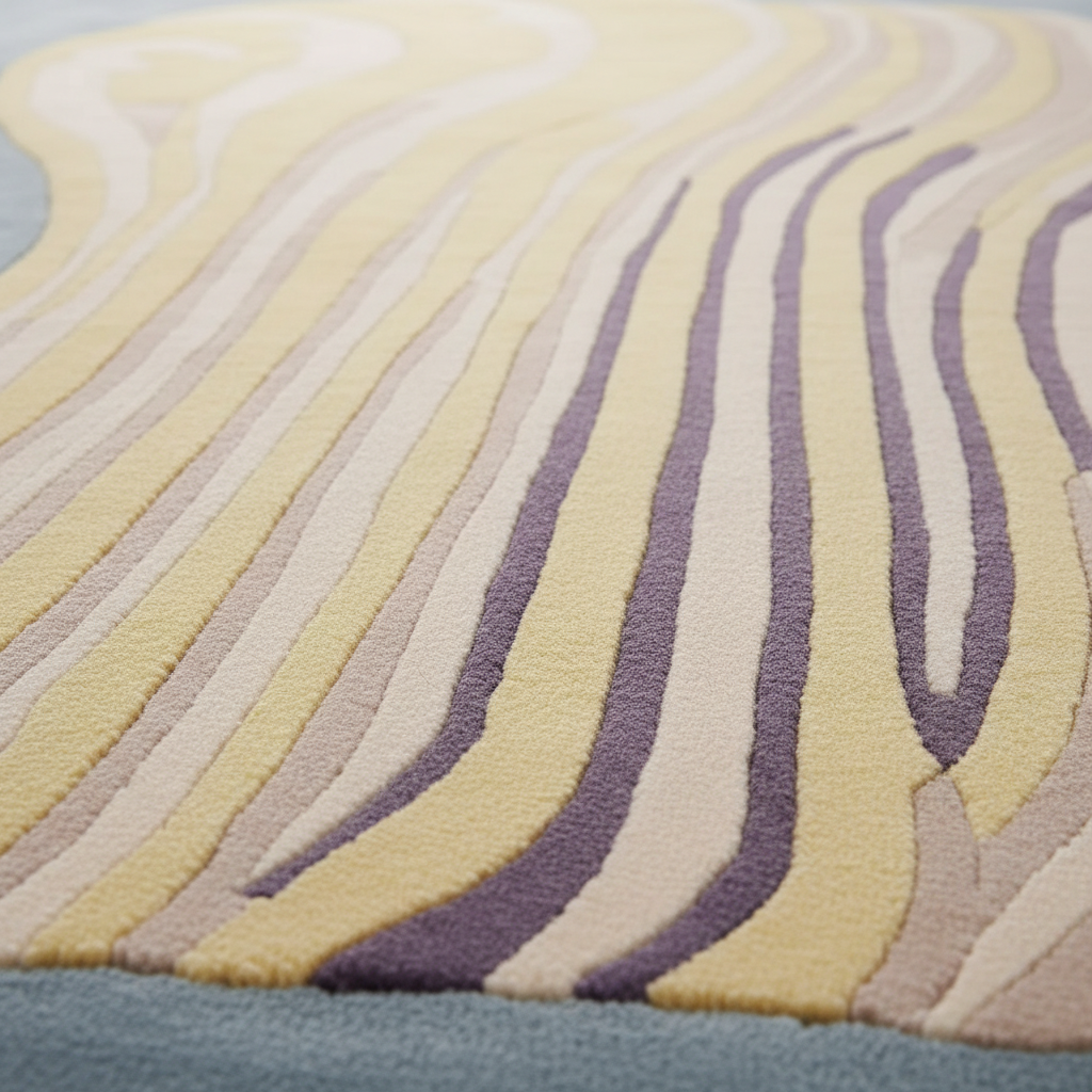 A close-up of a textured area rug with layered, wavy organic stripes in pale yellow, cream, taupe, and muted purple, with a soft blue-gray border visible at the bottom.