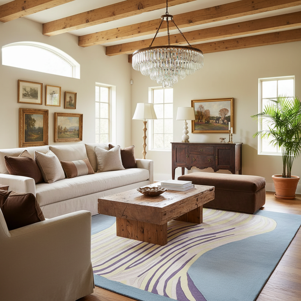A beautifully styled living room featuring a cream slipcovered sofa, a rustic wooden coffee table, a blue and purple patterned area rug, a dark brown leather ottoman, and a large crystal chandelier hanging from exposed wooden ceiling beams.