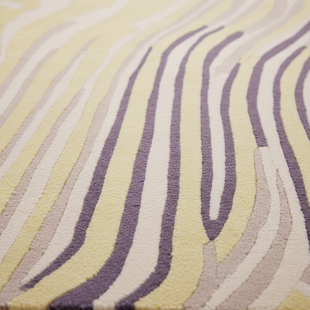 A close-up of a textured area rug with a modern wavy stripe pattern in pale yellow, cream, and muted purple.