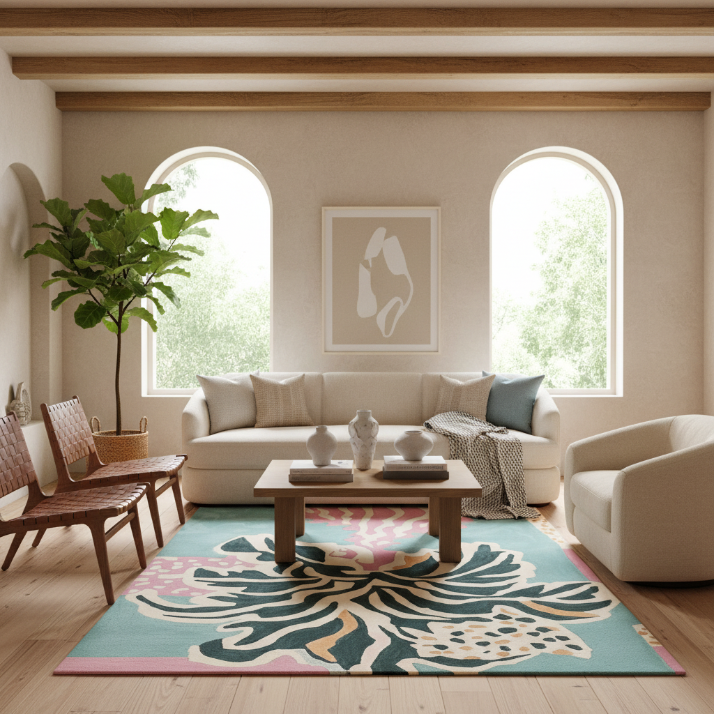 A styled living room interior featuring a large rectangular area rug with a bold abstract floral pattern in teal, pink, cream, and beige. The rug is placed on a light wood floor in front of a cream-colored sofa, with a wooden coffee table, modern armchair, woven chairs, a potted fiddle-leaf fig, and arched windows in the background.