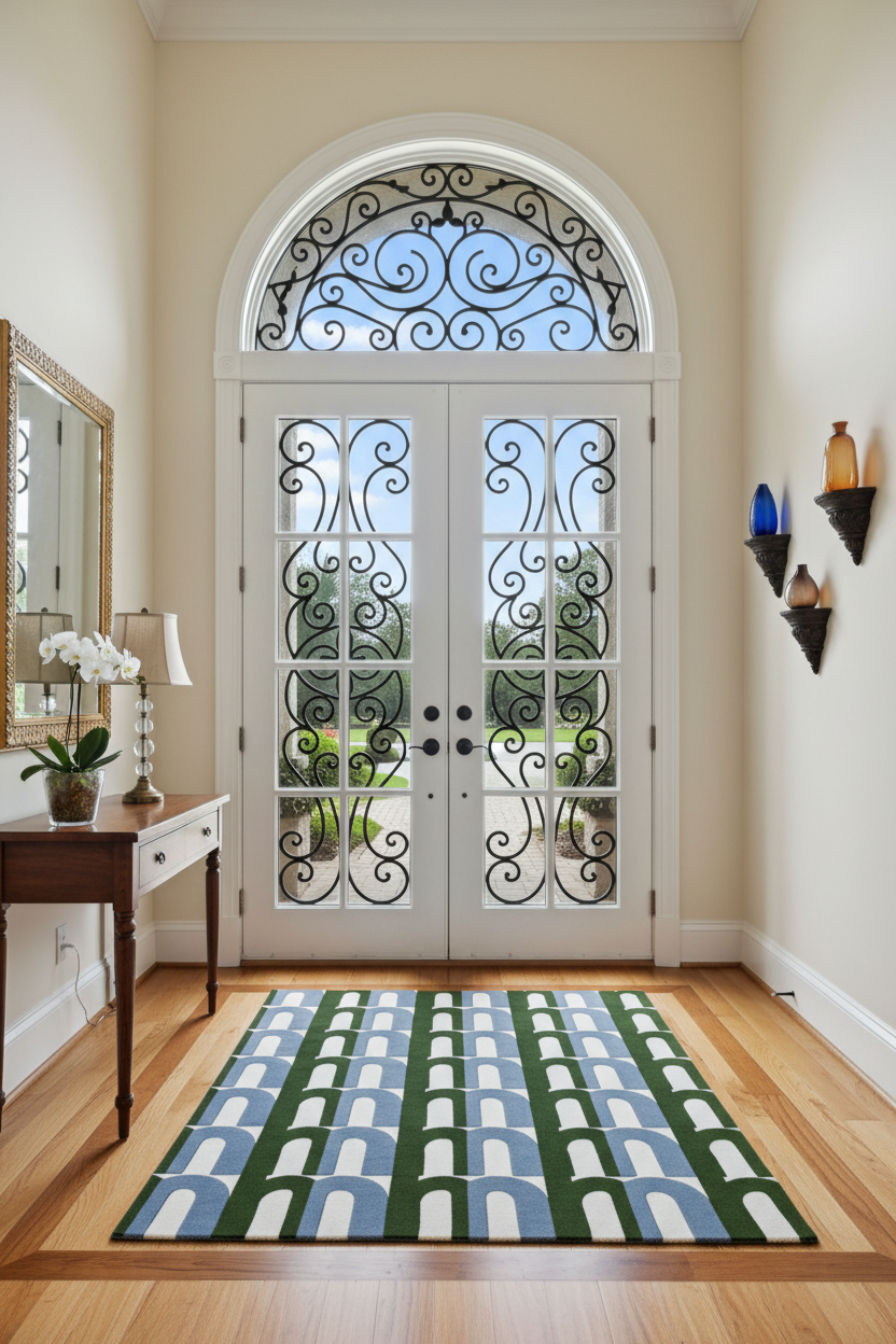 Decorative French doors with intricate ironwork, rug, in a home interior.