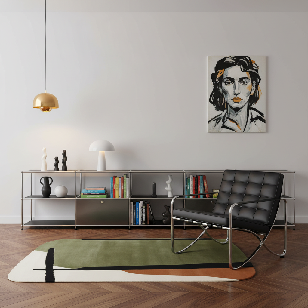 A modern black leather tufted lounge chair with a chrome frame sits on a green and cream abstract area rug in a minimalist living room. A low metal shelving unit with books and decor is against a white wall, featuring a black-and-white portrait painting above.
