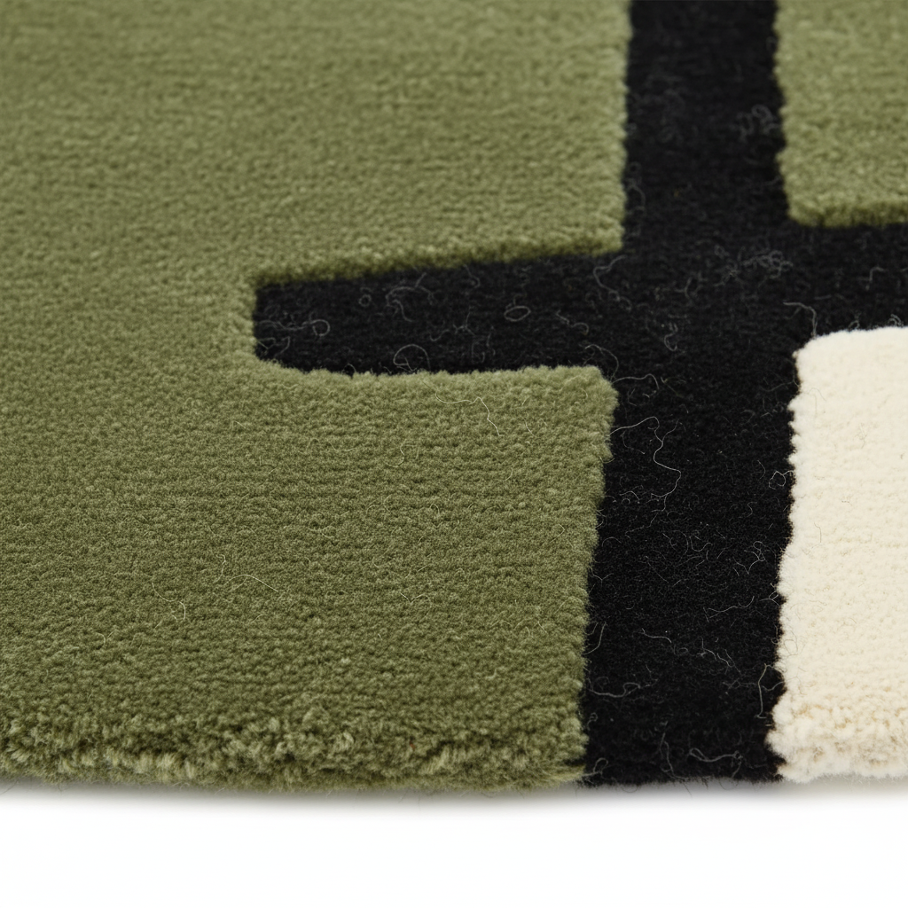 Close-up of a textured area rug with a geometric pattern in olive green, black, and off-white, showing the pile texture and fringe edge.