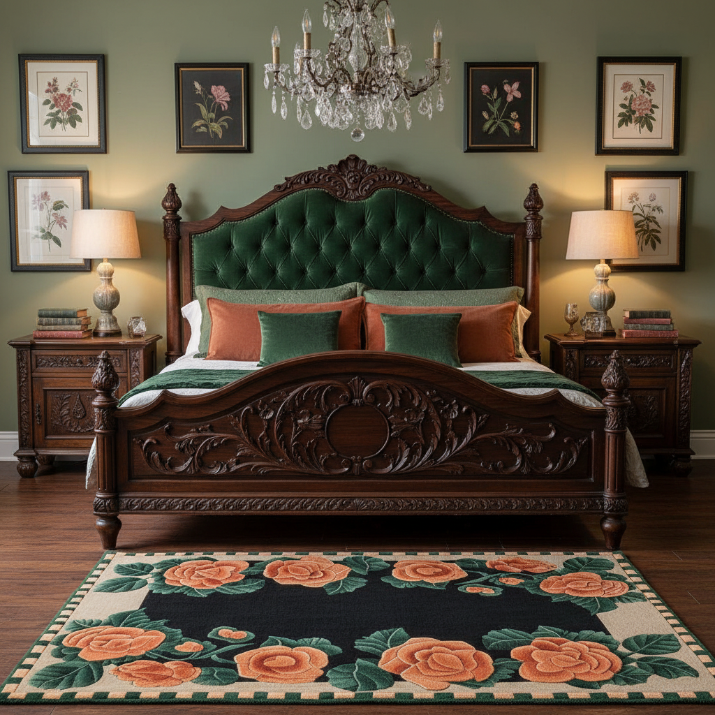 Decorative bedroom with ornate wooden bed, floral rug, and framed artwork.