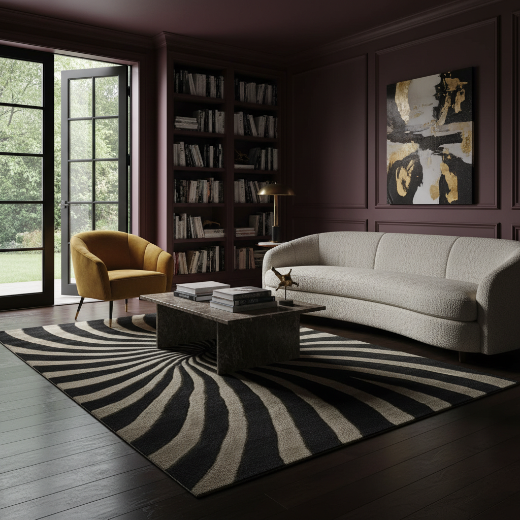 A modern living room with a large black and beige striped area rug, a cream bouclé sofa, a mustard yellow armchair, and a dark stone coffee table against dark wood paneling and bookshelves.