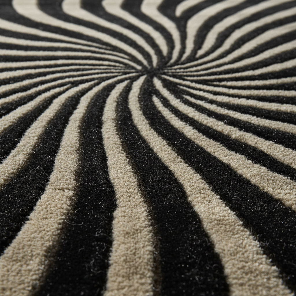 A close-up of a textured area rug featuring a black and cream spiral or zebra-like stripe pattern radiating from the center.