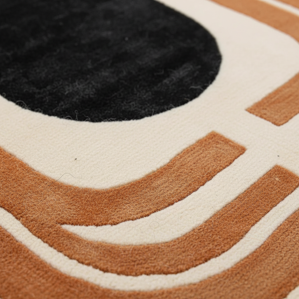 Close-up of a plush area rug with a modern abstract design featuring a black oval and wavy tan and cream stripes.