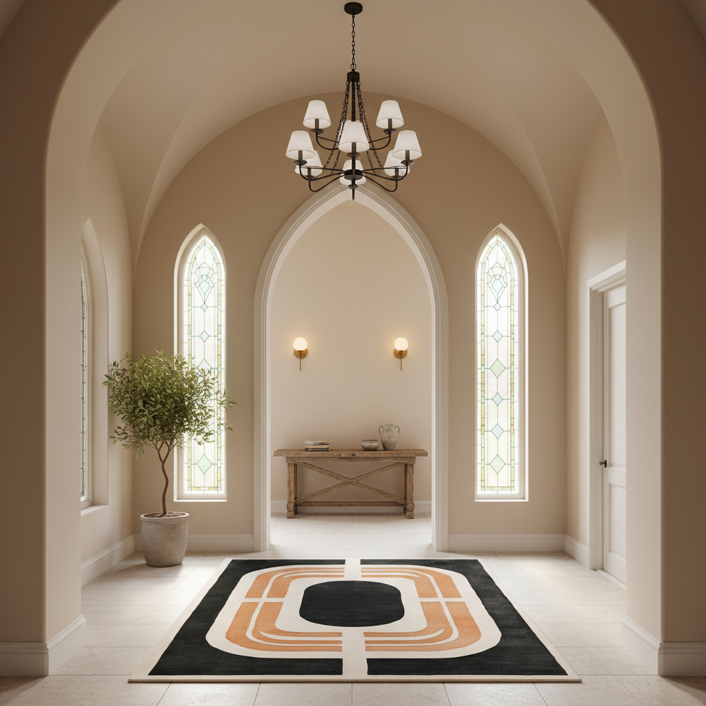 A modern geometric area rug with a black base, cream border, and peach-orange concentric square pattern, displayed in a beautifully styled hallway with arched ceilings, a chandelier, and a potted plant.