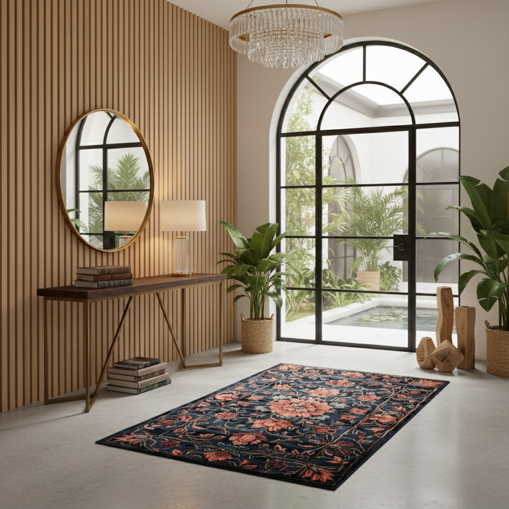 A rectangular area rug with a dark navy background and a coral-red floral pattern is styled in a modern interior room with a slatted wood wall, console table, mirror, and large arched window.